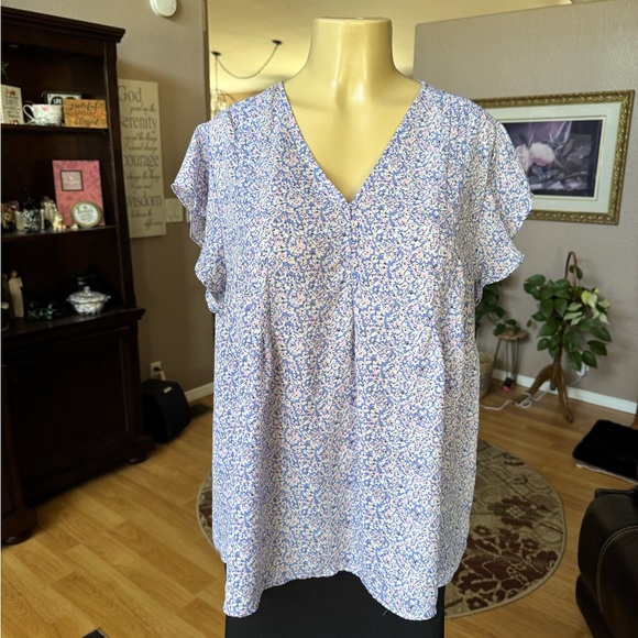 Carolina Belle purple, blue & white ruffle sleeve blouse-size 1X - Picture 4 of 9